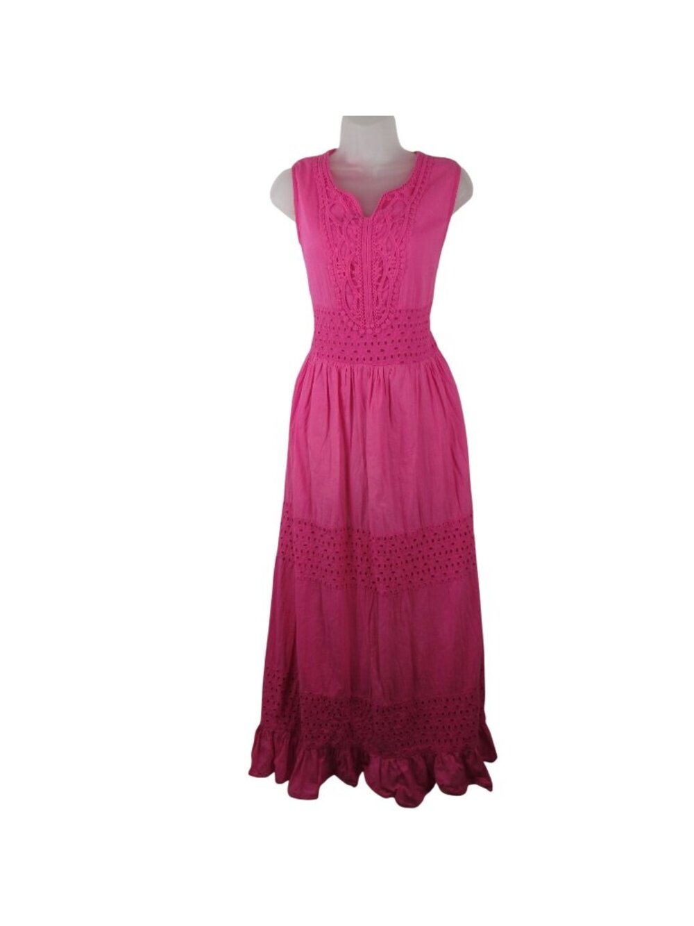 Jessica Taylor Pink Sleeveless Maxi Dress Crochet Lace Ruffle Hem Cotton Size M